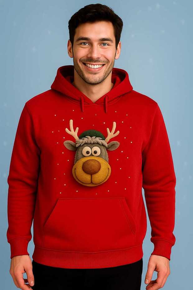 Men's Oversized Deer Printed Red Hooded Sweatshirt New Year's Gift -Hoodie
