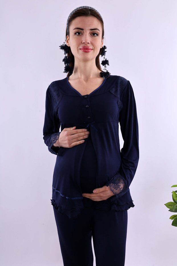 Prenatal and Postnatal Cotton Maternity and Nursing Pajama Set Effortt - Navy Blue Color