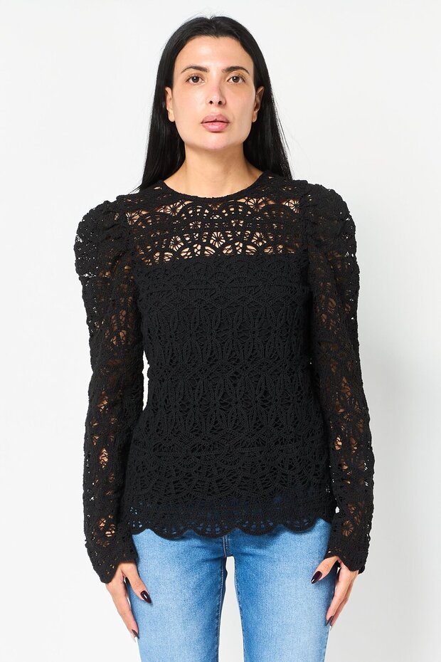 Women Crew Neck Long Sleeve Textured Top, Black