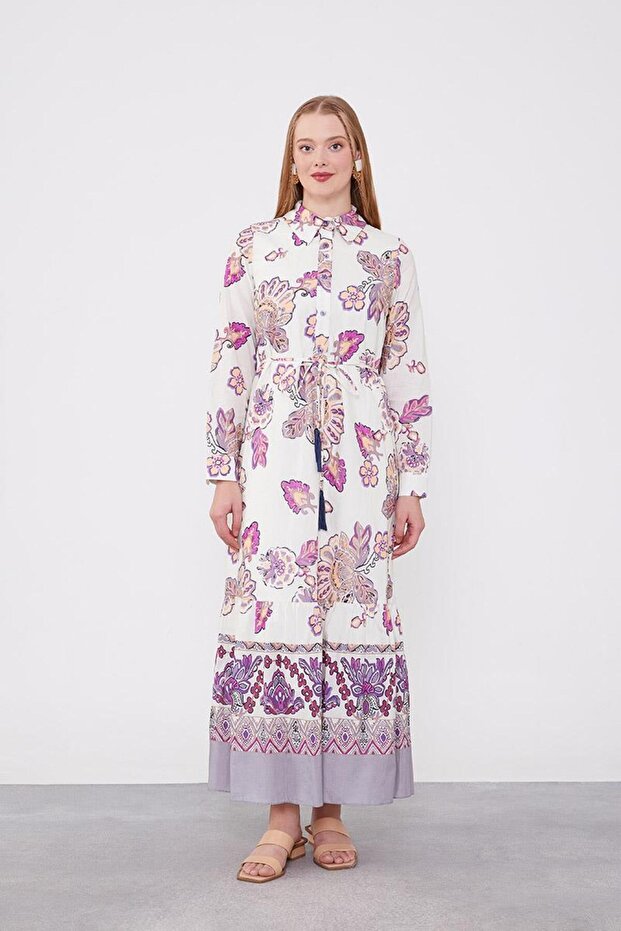 Beige Shirt Collar Waist Rope Detailed Dress