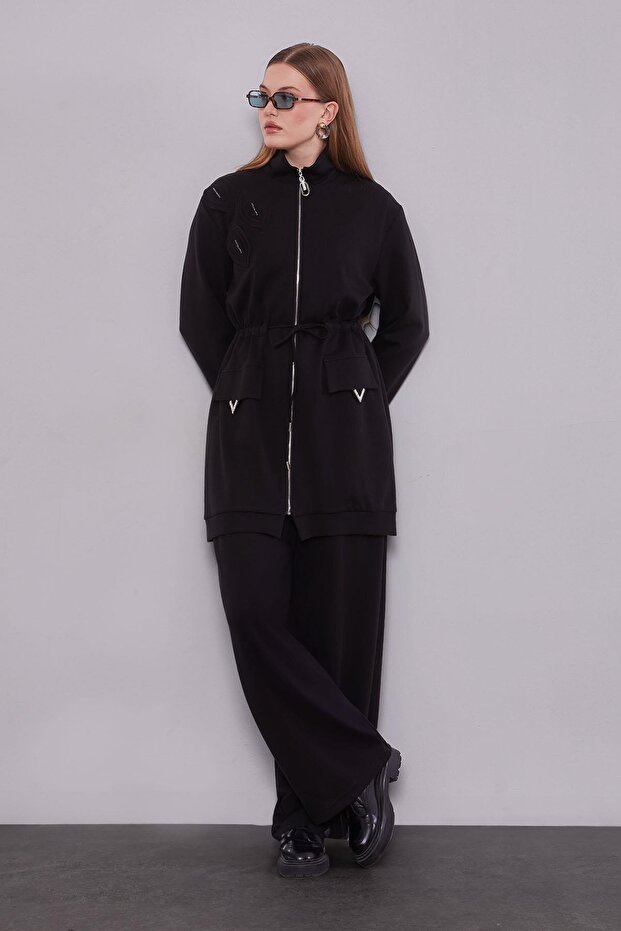 Black Double Suit with Pocket Accessory Detail