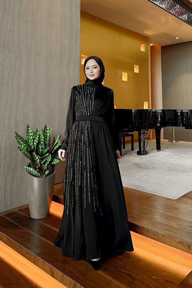 Black Stone Embroidered Evening Dress Satin Dress