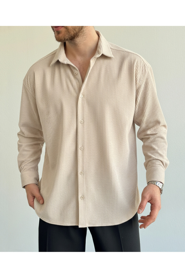 Corded Fabric Velvet Shirt with Regular Fit and Long Sleeves
