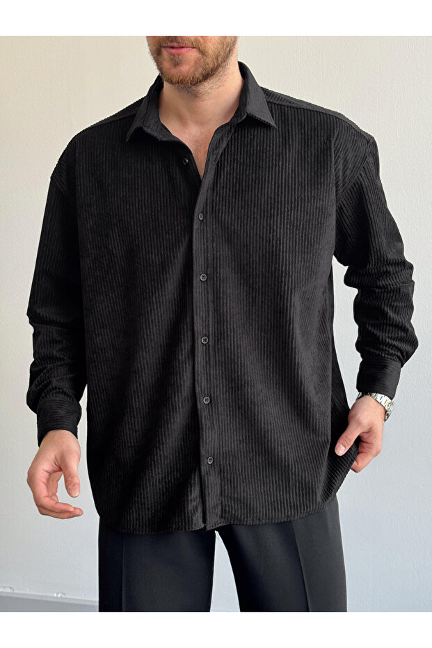 Corded Fabric Velvet Shirt with Regular Fit and Long Sleeves