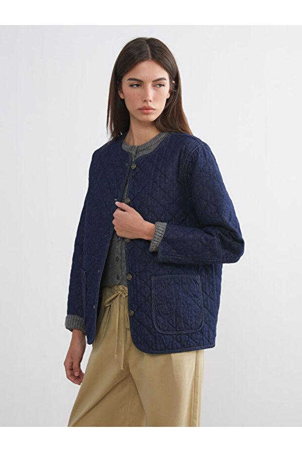 Crew Neck Quilted Oversize Women's Jean Jacket