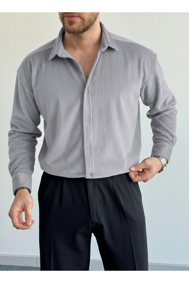 Corded Fabric Velvet Shirt with Regular Fit and Long Sleeves