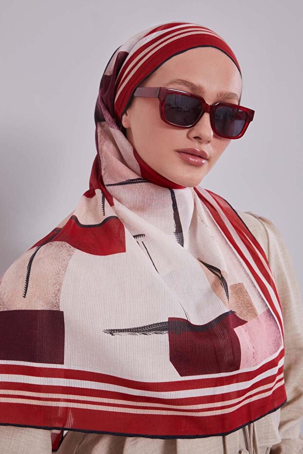 Red Abstract Pattern Cotton Scarf - 2