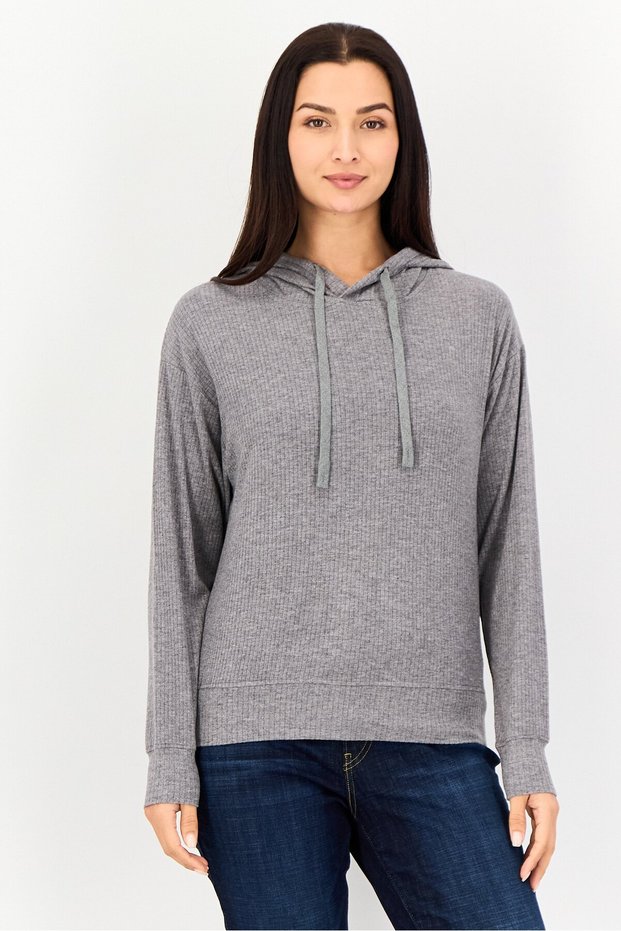 Women Stripe Long Sleeve Hoodie, Grey