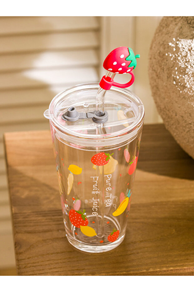 Renkli̇mağazadan Lcw Home Mixed B Printed Glass Cup with Straw 400 ml