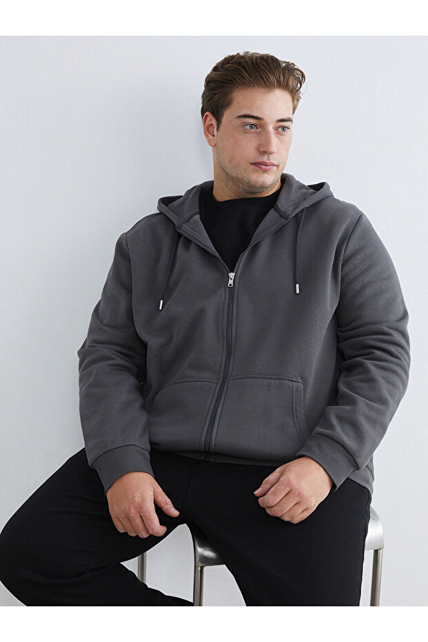 Gray Large Size Hooded Men's Thick Zippered Sweatshirt