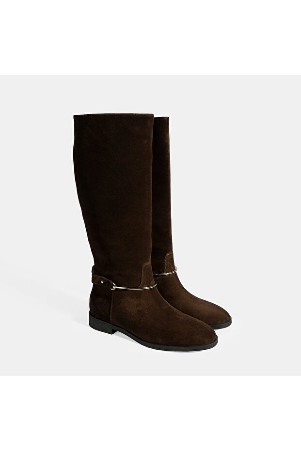 Women's Brown Leather Suede Boots with Metal Detail