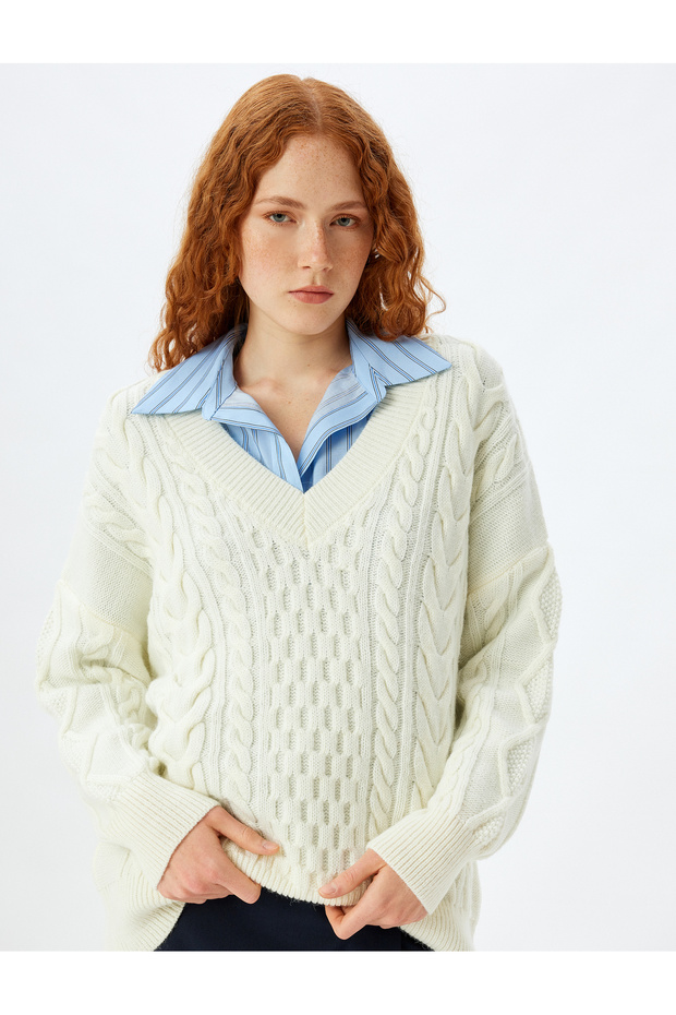 Hair Knitting Textured Long Sleeve Oversized V-Neck Sweater
