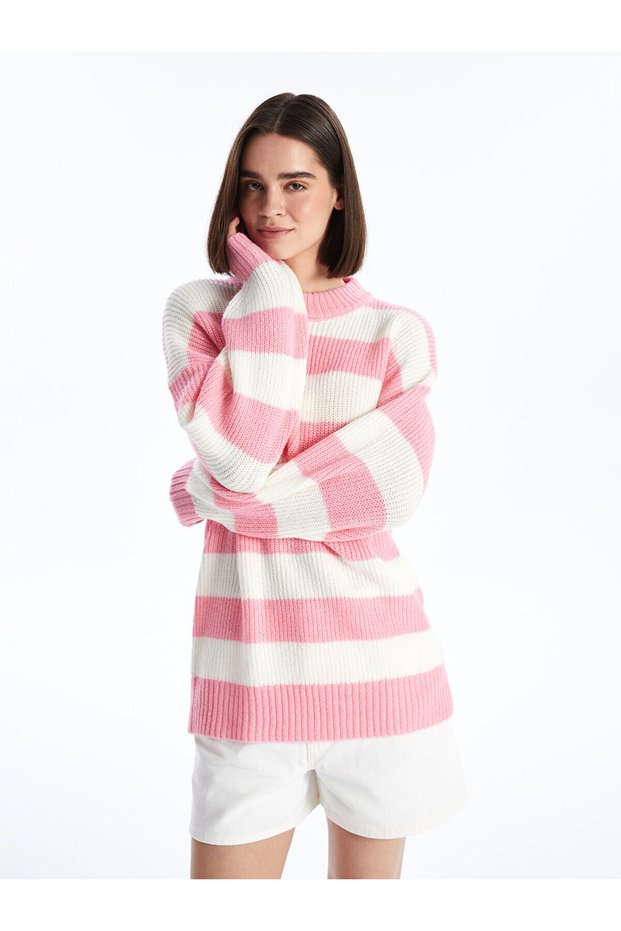 Crew Neck Color Block Long Sleeve Women's Knitwear Sweater (W4)