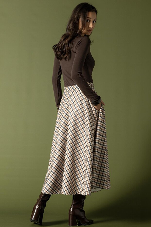 تنورة واسعة منقوشة باللون البيج 7066 - 5