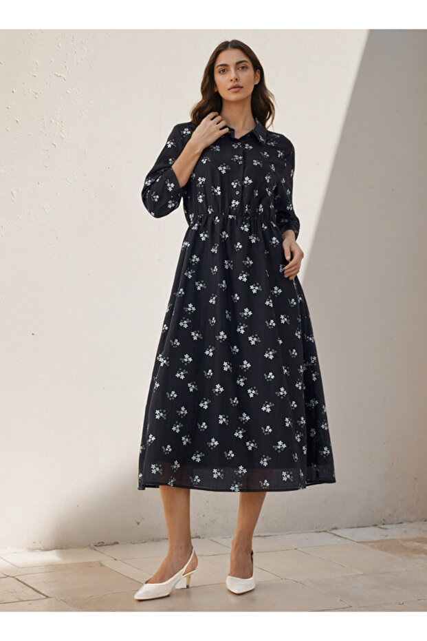Midi Denim Shirt Dress with Floral Print