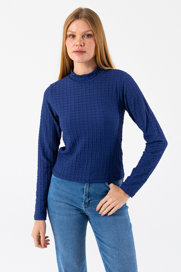 Women's Mock Neck Long Sleeve Textured Blouse Navy Blue - 26158