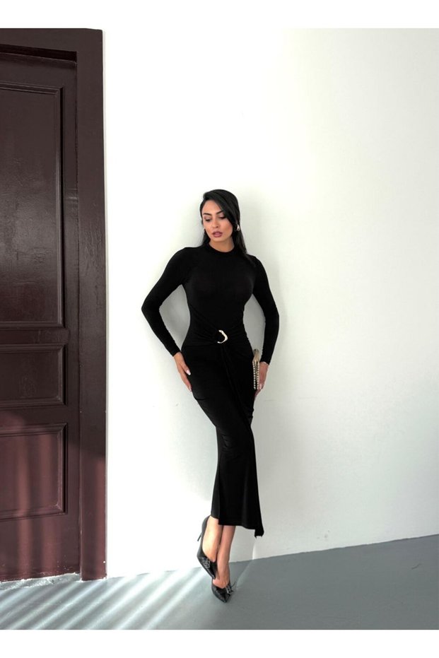 Women's Balvi̇n Crew Neck Long Dress with Belt and Gold Accessories, Bodycon Fit