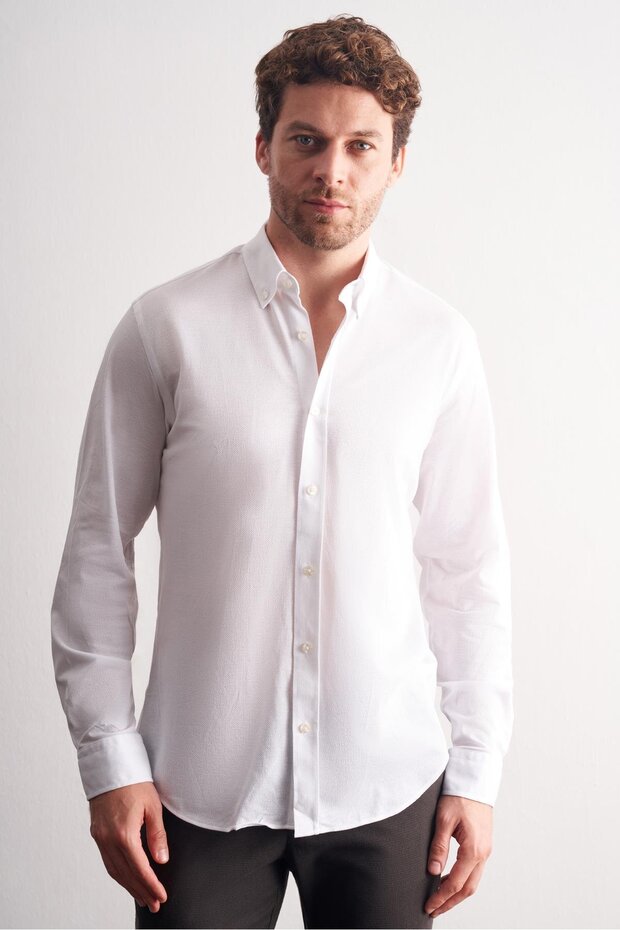 White Buttoned Collar Self Patterned Knitted Long Sleeve Product Slim Fit 100% Cotton Shirt 100425
