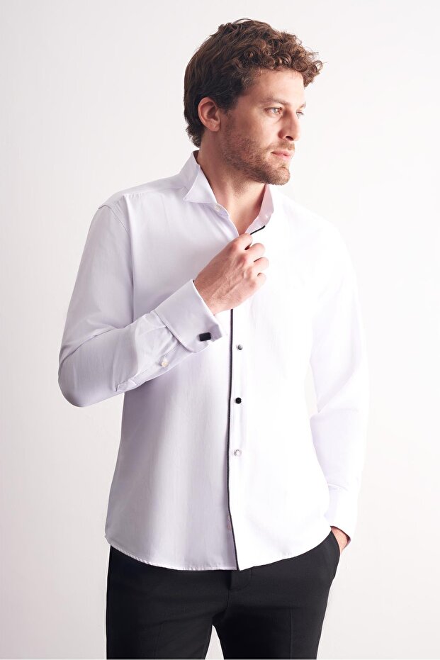 White Long Sleeve Horse Collar Plain Cotton Slim Fit Shirt 1004255215