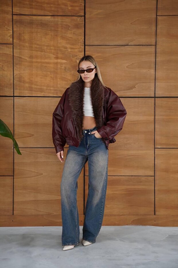 سترة جلدية مع ياقة فرو - 3