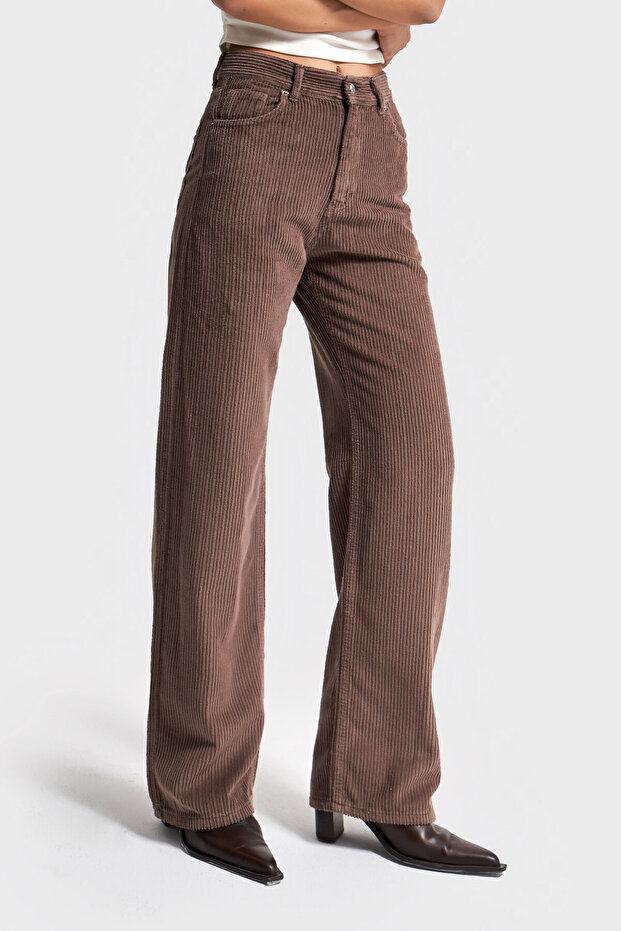 Women's Pastel Brown Doris 29W5-140 Straight Fit High Waist Thick Corded Fabric Velvet Velvet Fabric Trousers