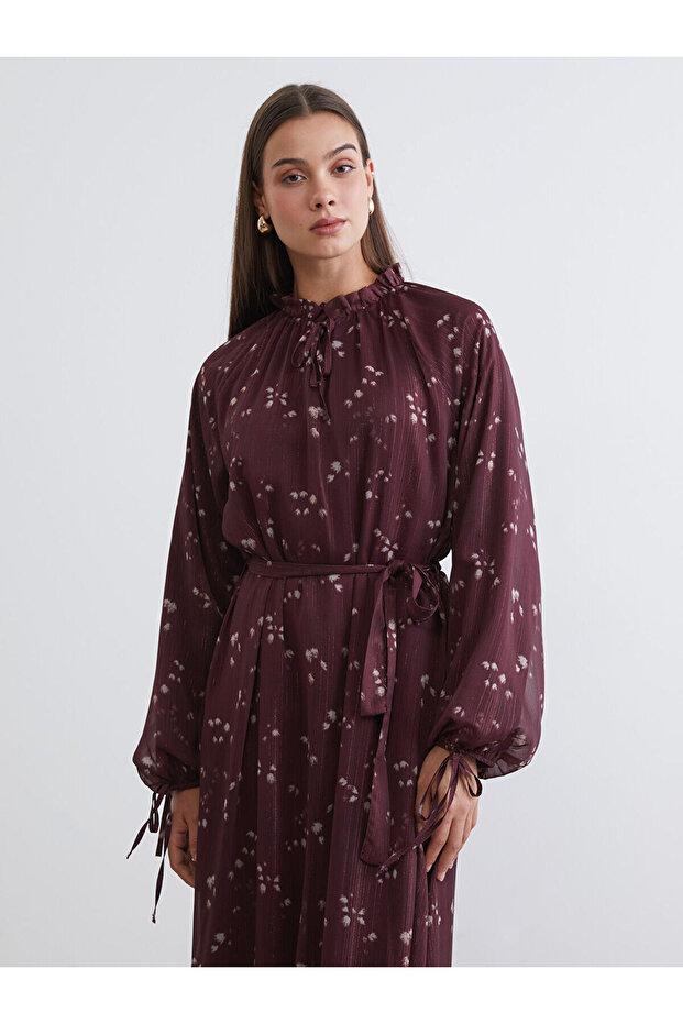 Özmarka New Season Patterned Waist-Fitted Chiffon Dress