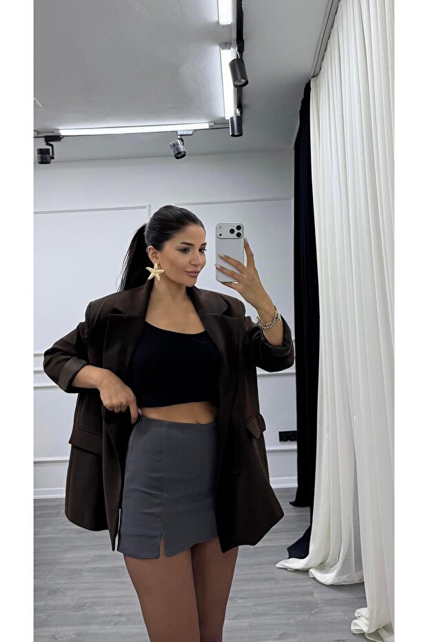 Antrasit Rahat Kalıp Krep Kumaş Önden Yırtmaçlı Şort Etek - 1