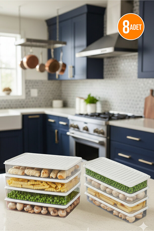 8-Piece Transparent Storage Container Set Suitable for Refrigerator Freezer Organizer Set 4X2400 ml - 4X1200 ml - 1