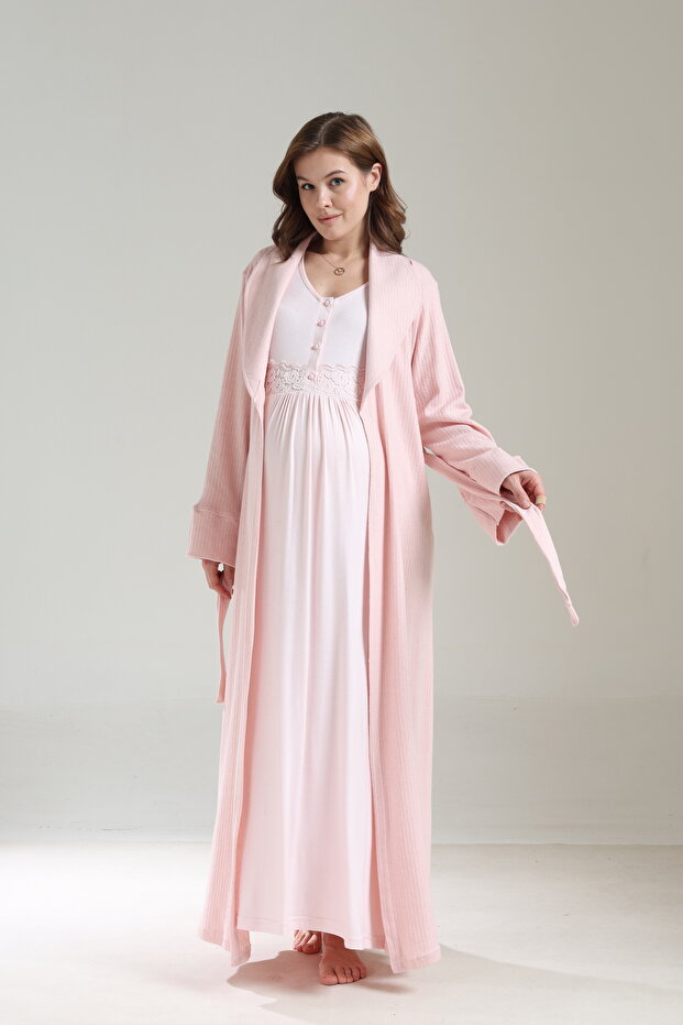 Women's Lace Jacquard Shawl Collar Winter Long Sleeve Special Design Postpartum Maternity Robe Nightgown Set