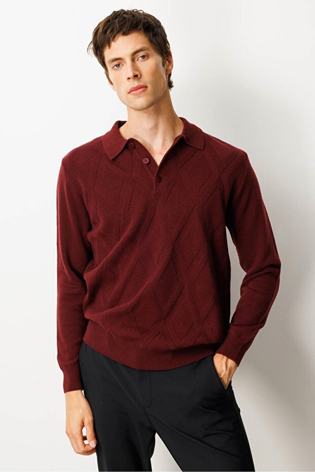 Men's Polo Neck Straw Knit Diamond Pattern Wool Sweater Burgundy