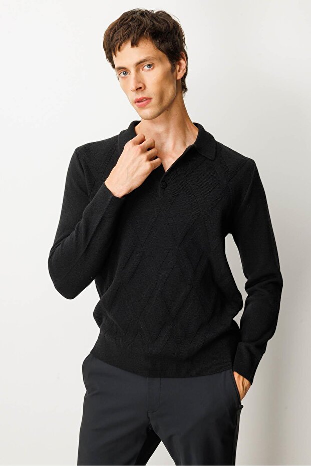 Men's Polo Neck Straw Knit Baklava Yürütmeli Wool Sweater Black