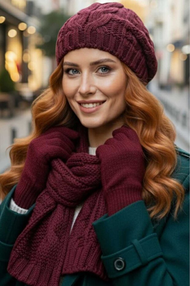 Women's Knitted Patterned Beanie Scarf Gloves Set