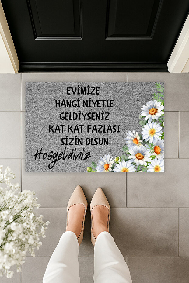 Modern Digital Printing Welcome Mat with the Text: Whatever Your Intentions Are, Welcome to Our Home, Daisy Pattern, 70X45Cm