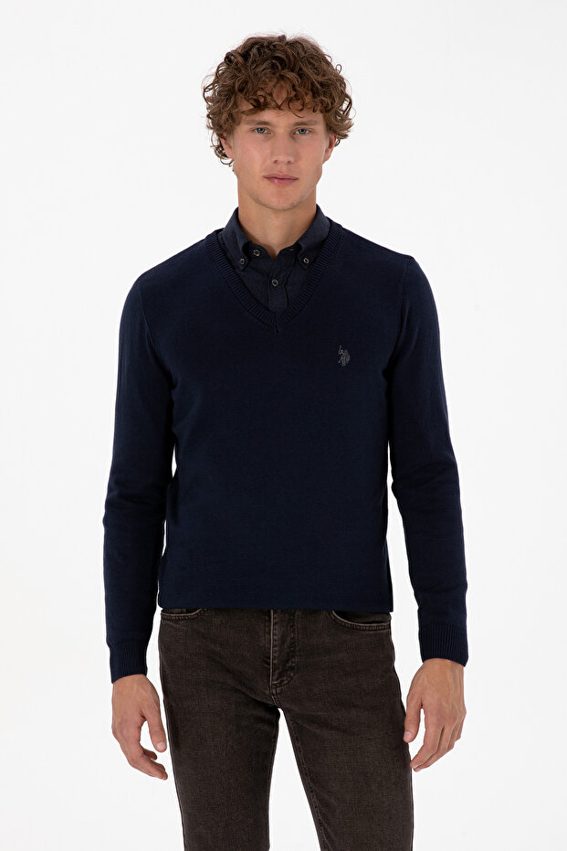 Men's Slim Fit V-Neck Navy Blue Basic Knitwear Sweater 50313662-Vr033