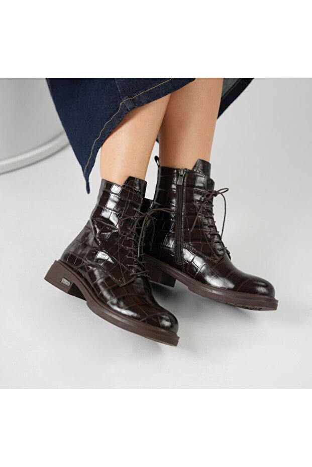 Gloria Bitter Brown Shiny Crocodile Leather Women's Boots