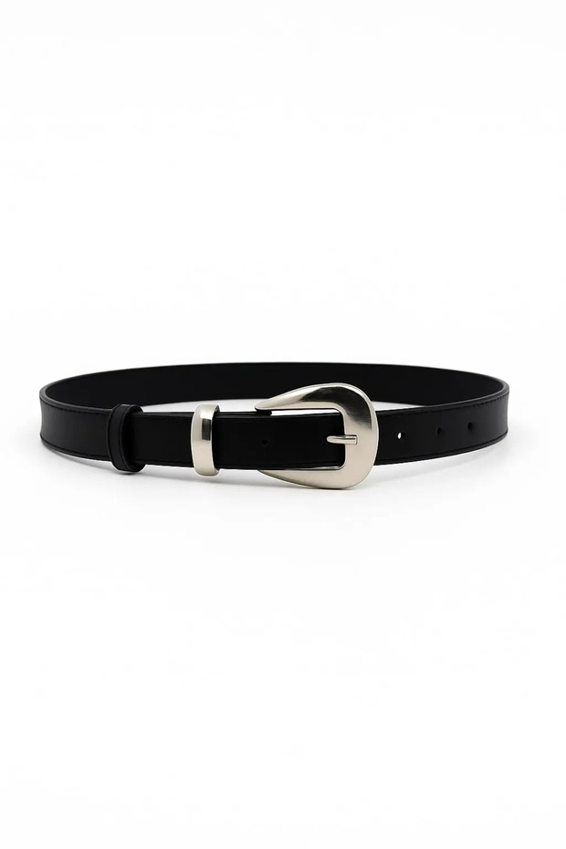 Women's Black Silver Buckle Leather-Look Belt – Stylish Accessory for Casual and Office Outfits