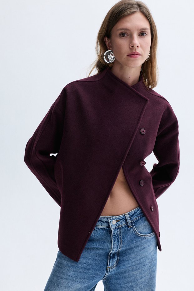 Women's Plum Wool Blend High Collar Oversized Short Coat