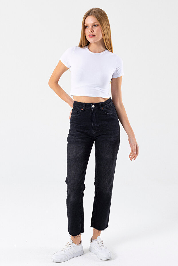 Women's Regular Waist Mom Fit Jeans Black - 2602