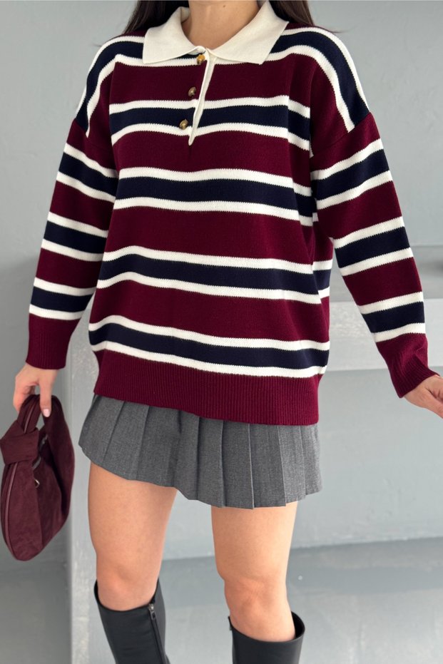 Women's Burgundy Striped Buttoned Collar Knitwear Sweater Standard Size