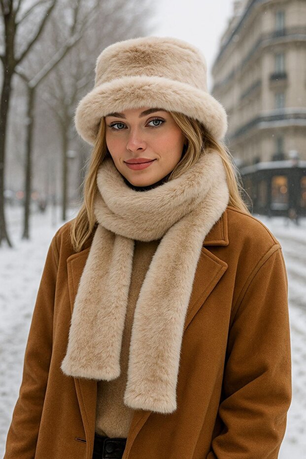 Beige Soft Textured Plush Kalpak Hat Neck Collar Set of 2