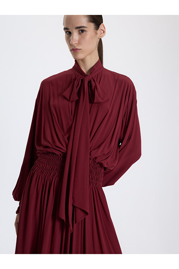 Bordo Fular Bağlamalı Elbise - 4
