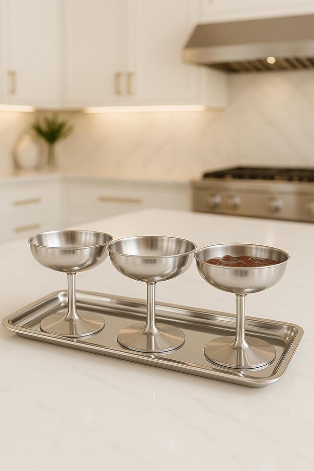 Stainless Steel 3-Piece Footed Bowl + 1 Tray – Luxury Tray Serving Set - Breakfast Jam Dish