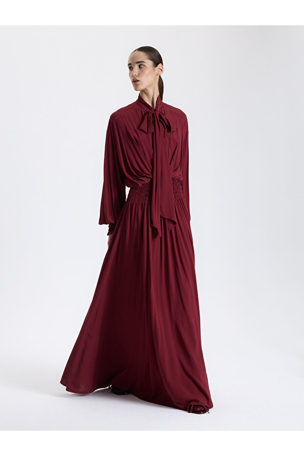 Bordo Fular Bağlamalı Elbise - 5