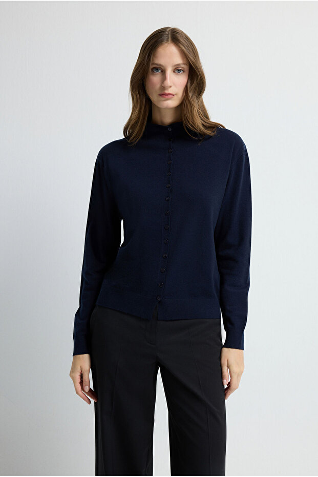 Dik Yaka Düğmeli Triko Hırka - 1