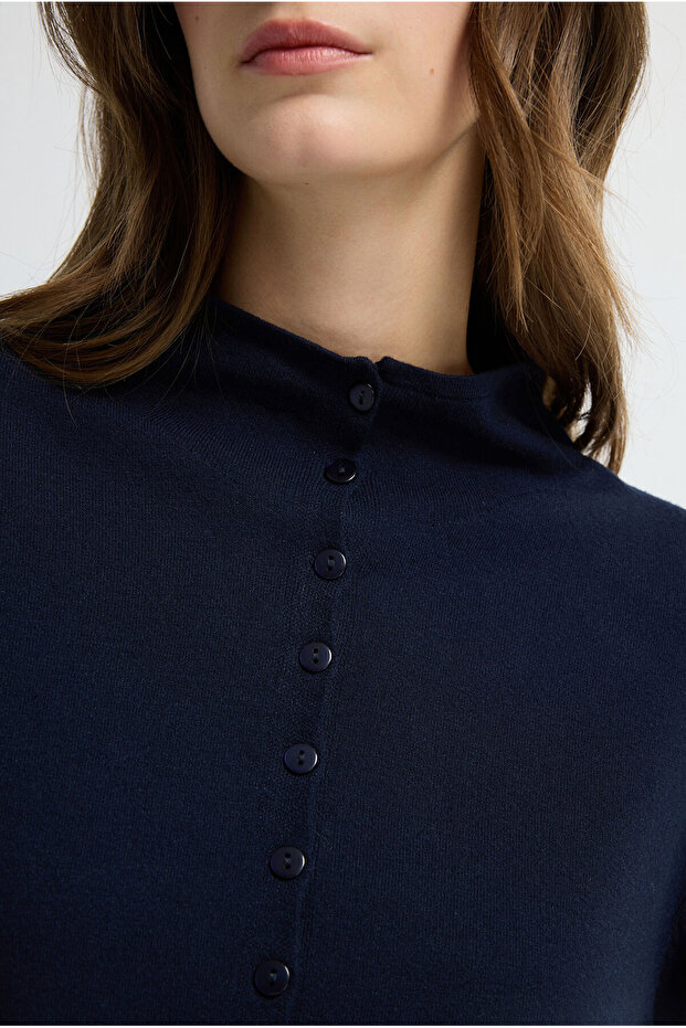 Dik Yaka Düğmeli Triko Hırka - 2