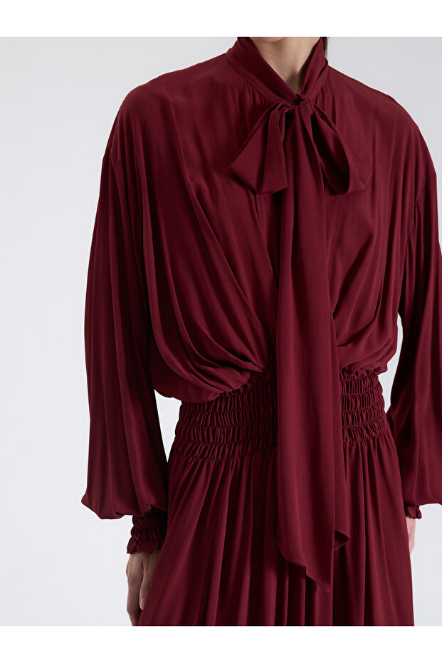 Bordo Fular Bağlamalı Elbise - 6