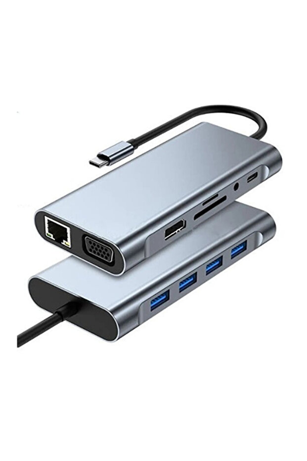 11 In 1 Type-c To Usb Hub Port Uyumlu Adaptör Hdmı 4x Usb Lan Vga Sd Card Çevirici Çoklayıcı - 1