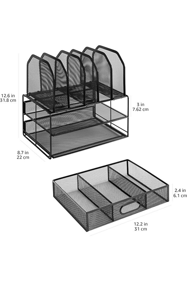 Mesh Desk Organizer with Sliding Drawer, Double Tray and 5 Vertical Sections, Black - 4