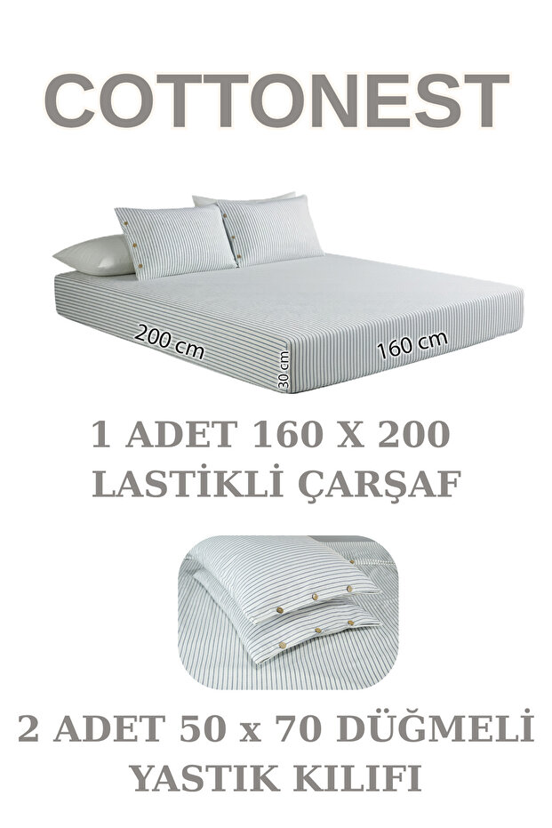 Double Elastic Fitted Sheet Set with Button Detail | Dowry Chest | Gift | Line Pattern | Dobby Weaving - 4