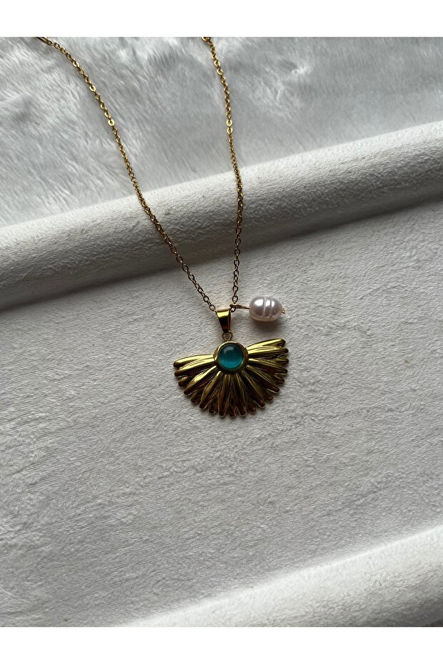 Handmade Real Pearl Steel Necklace with Fan Detail
